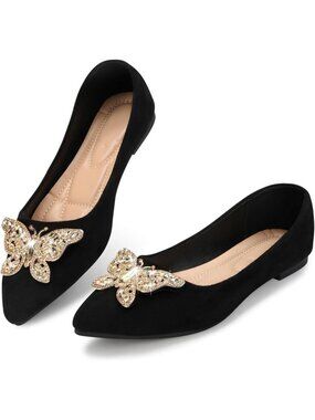 Women's 06-Black Pointed Toe Pearl Flats Comfort Non Slip Soft Sole Office Shoes